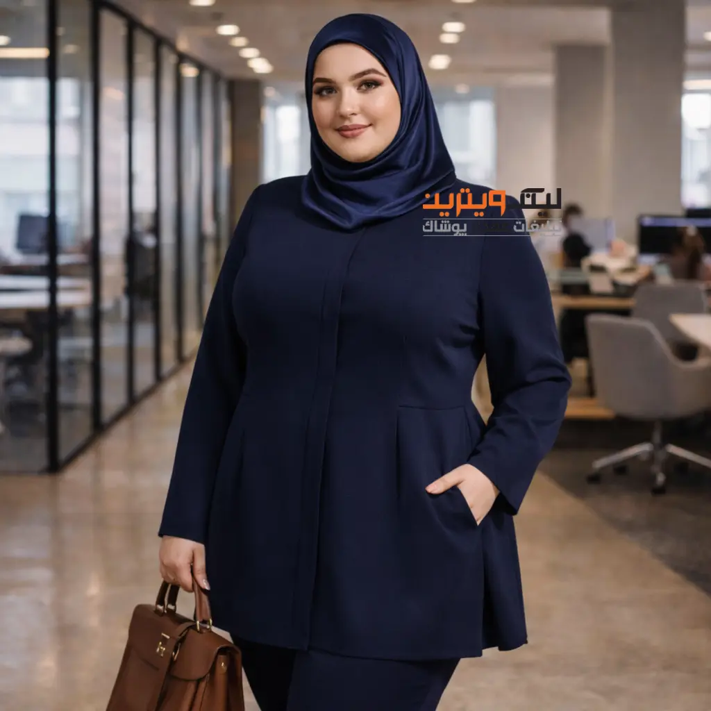 تونیک سایز بزرگ رسمی عمده | دختری با تونیک اداری سرمه ای زیبا | تونیک سایزبزرگ زیبا | تونیک رسمی سرمه ای سایزبزرگ